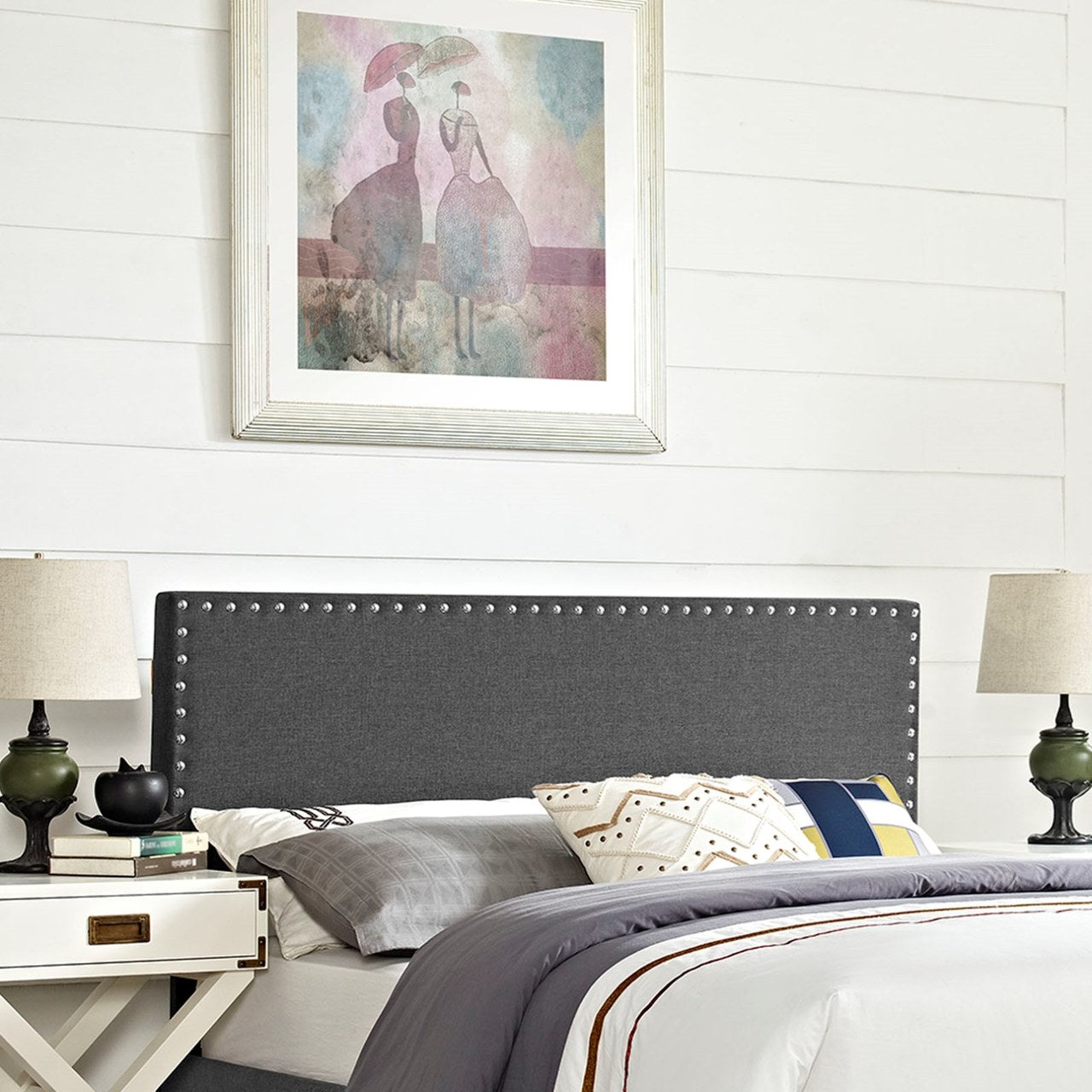 Phoebe Queen Upholstered Fabric Headboard, Grey, Fabric 12108