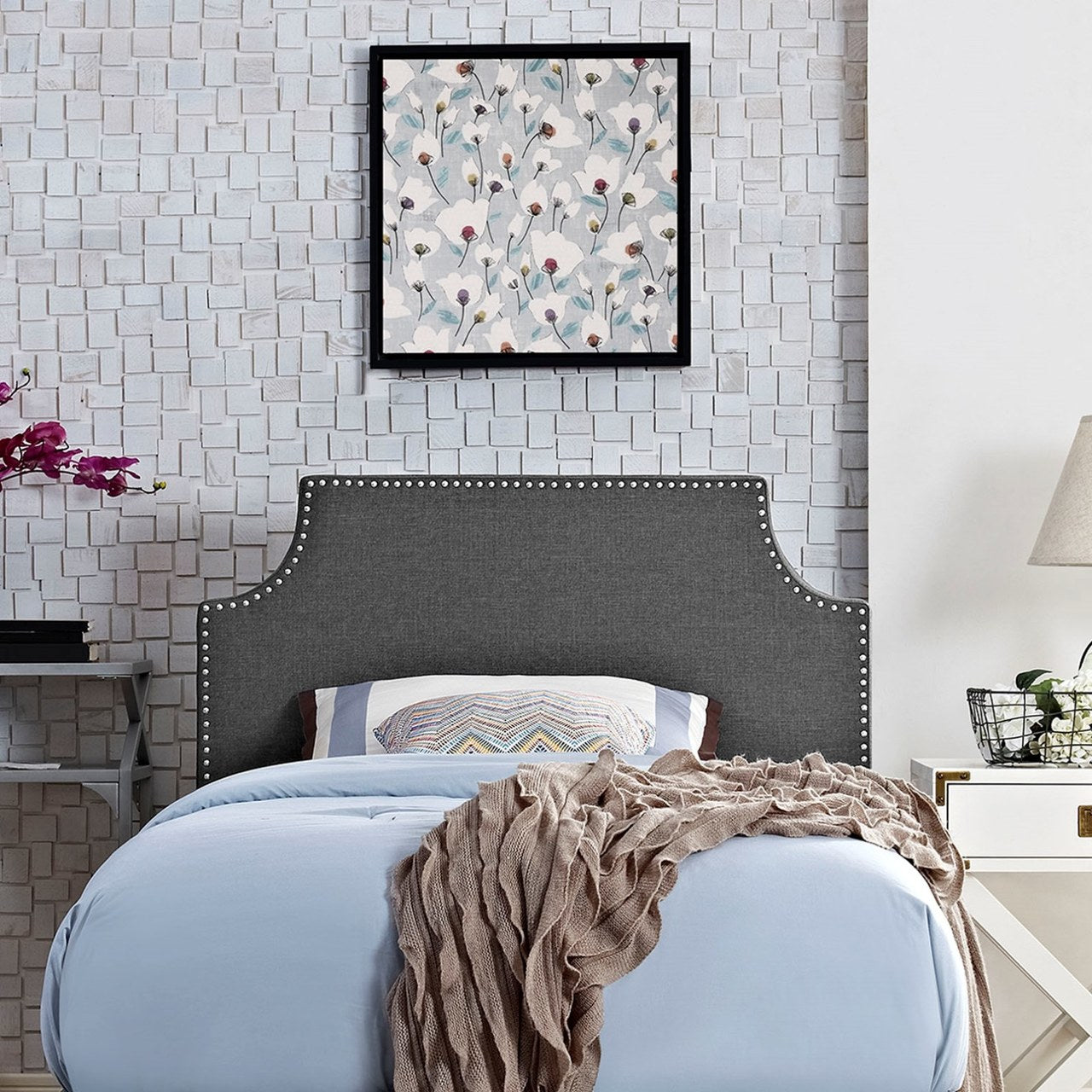 Laura Twin Upholstered Fabric Headboard, Grey, Fabric 12123