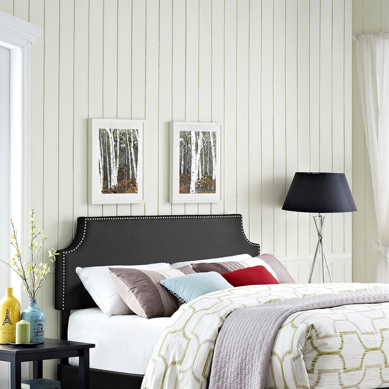 Laura Full Upholstered Vinyl Headboard, Black, Faux Leather 12128