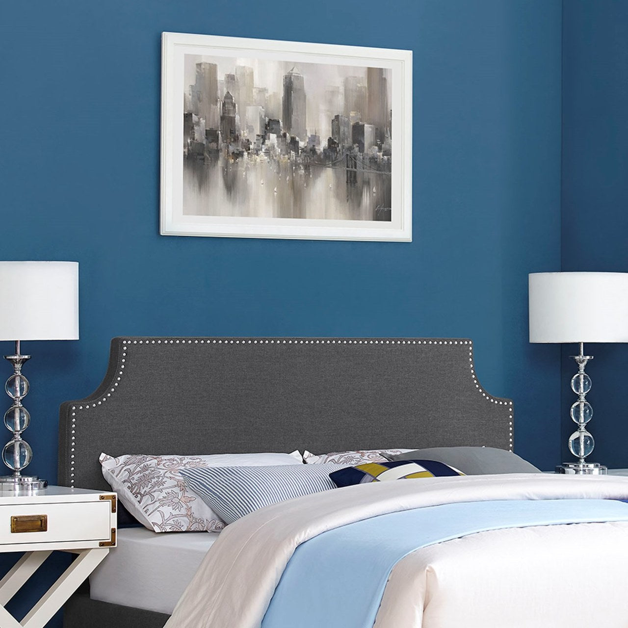 Laura Queen Upholstered Fabric Headboard, Grey, Fabric 12138