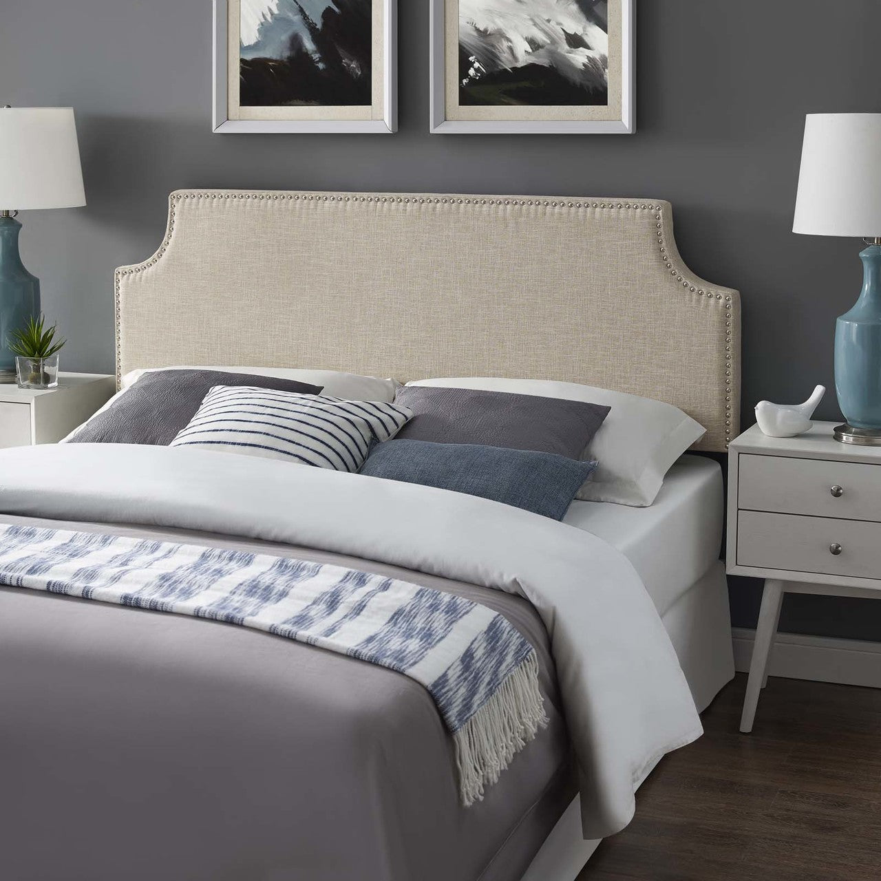Laura King Upholstered Fabric Headboard, King Size, Fabric Nail Rivet, Beige, 14355
