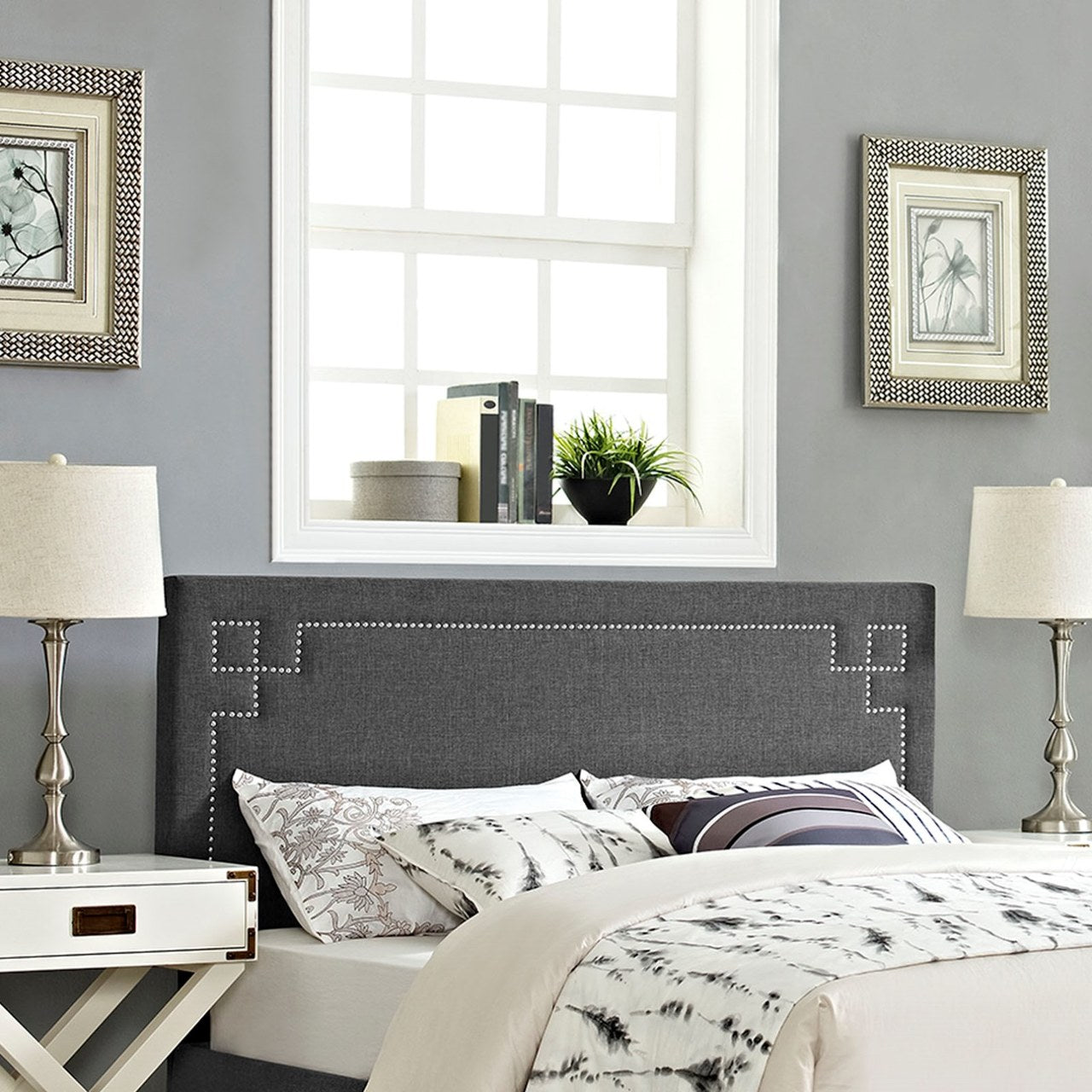 Josie Queen Upholstered Fabric Headboard, Grey, Fabric 12168