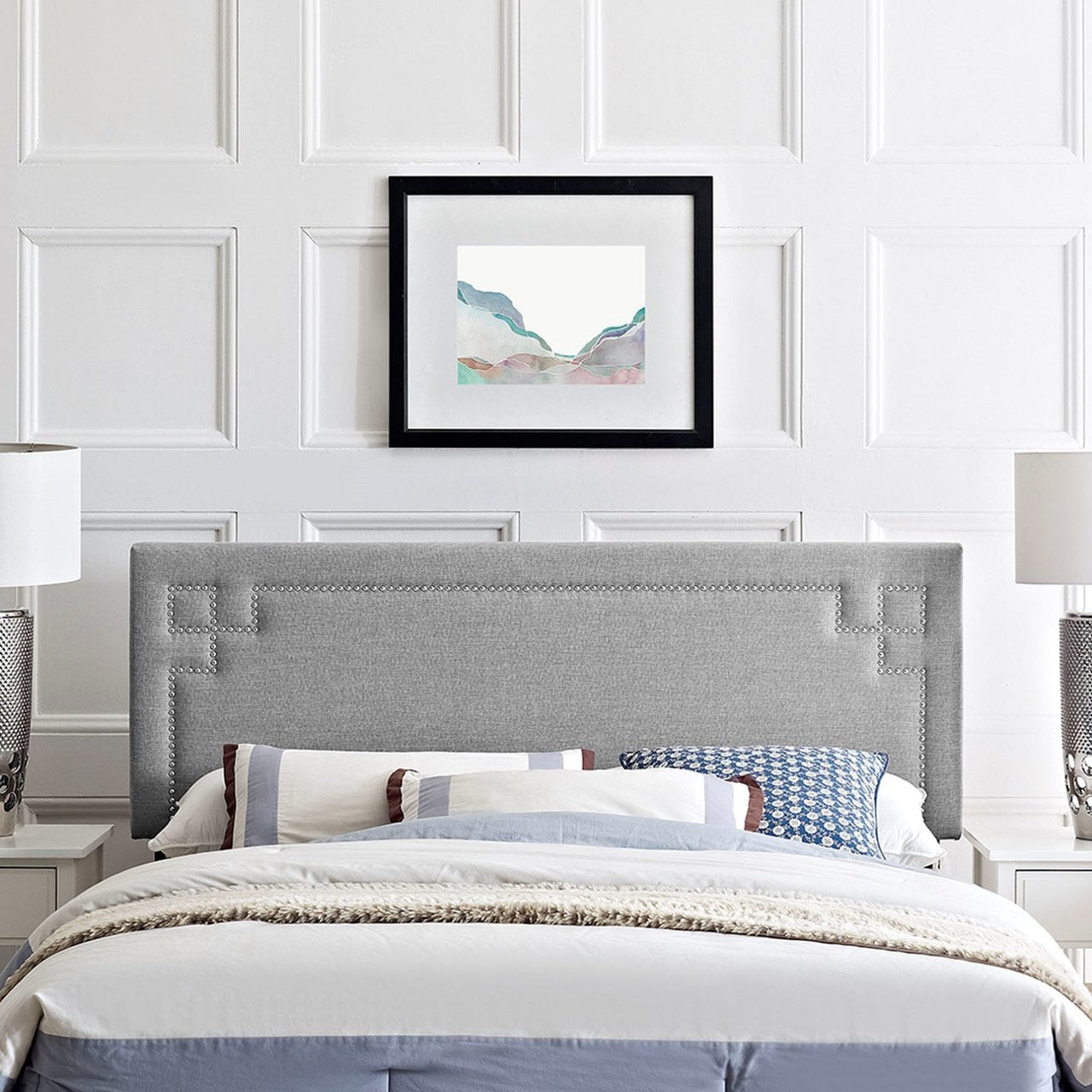 Josie King Upholstered Fabric Headboard, Grey, Fabric 12177
