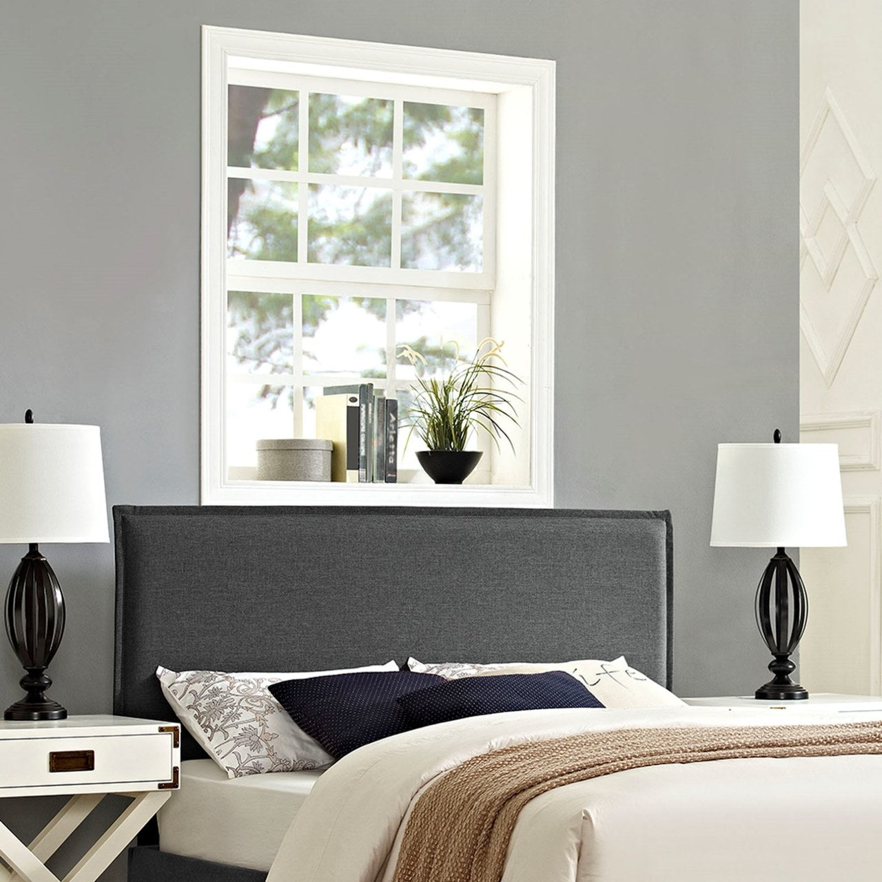 Camille Queen Upholstered Fabric Headboard, Grey, Fabric 12192