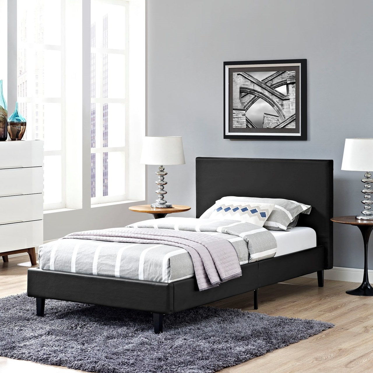 Anya Twin Vinyl Bed, Black, Faux Leather 12201