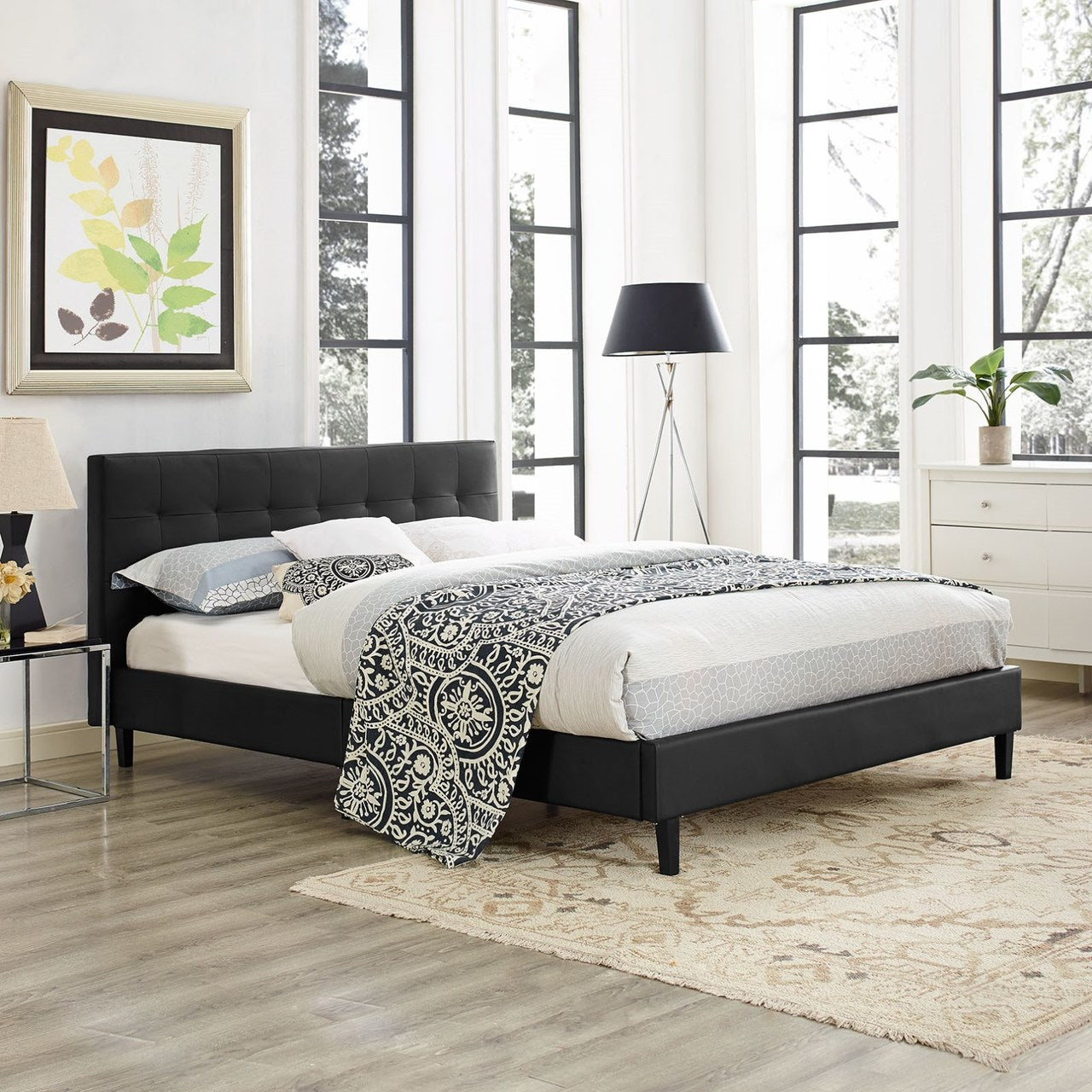 Linnea Queen Vinyl Bed, Black, Faux Leather 12236