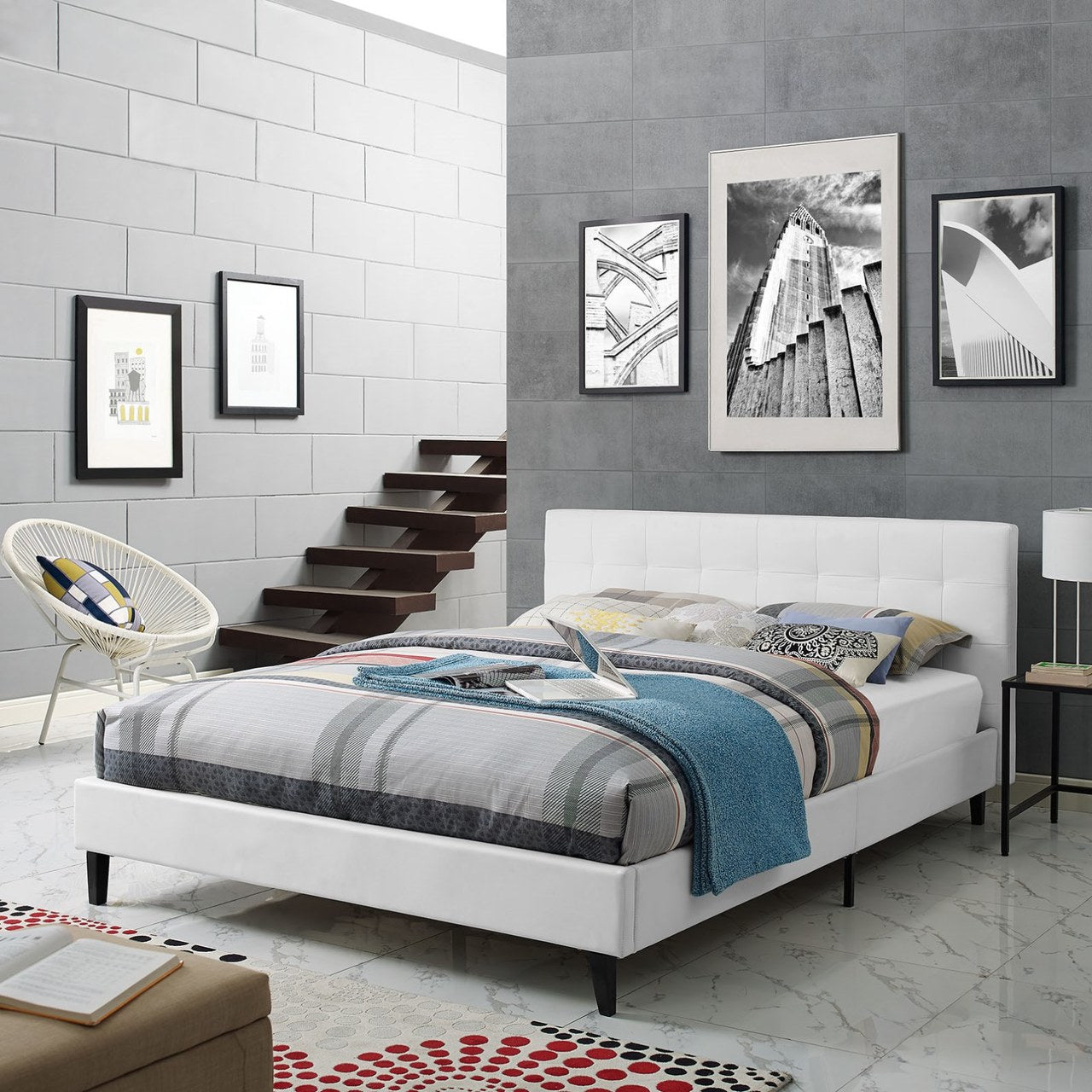 Linnea Queen Vinyl Bed, White, Faux Leather 12237