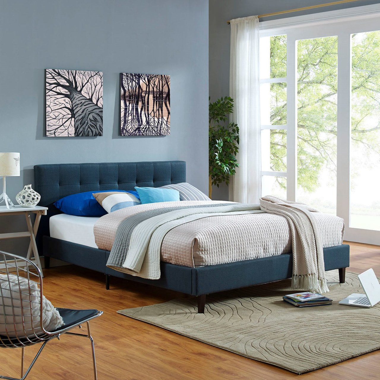 Linnea Queen Fabric Bed, Navy, Fabric 12239