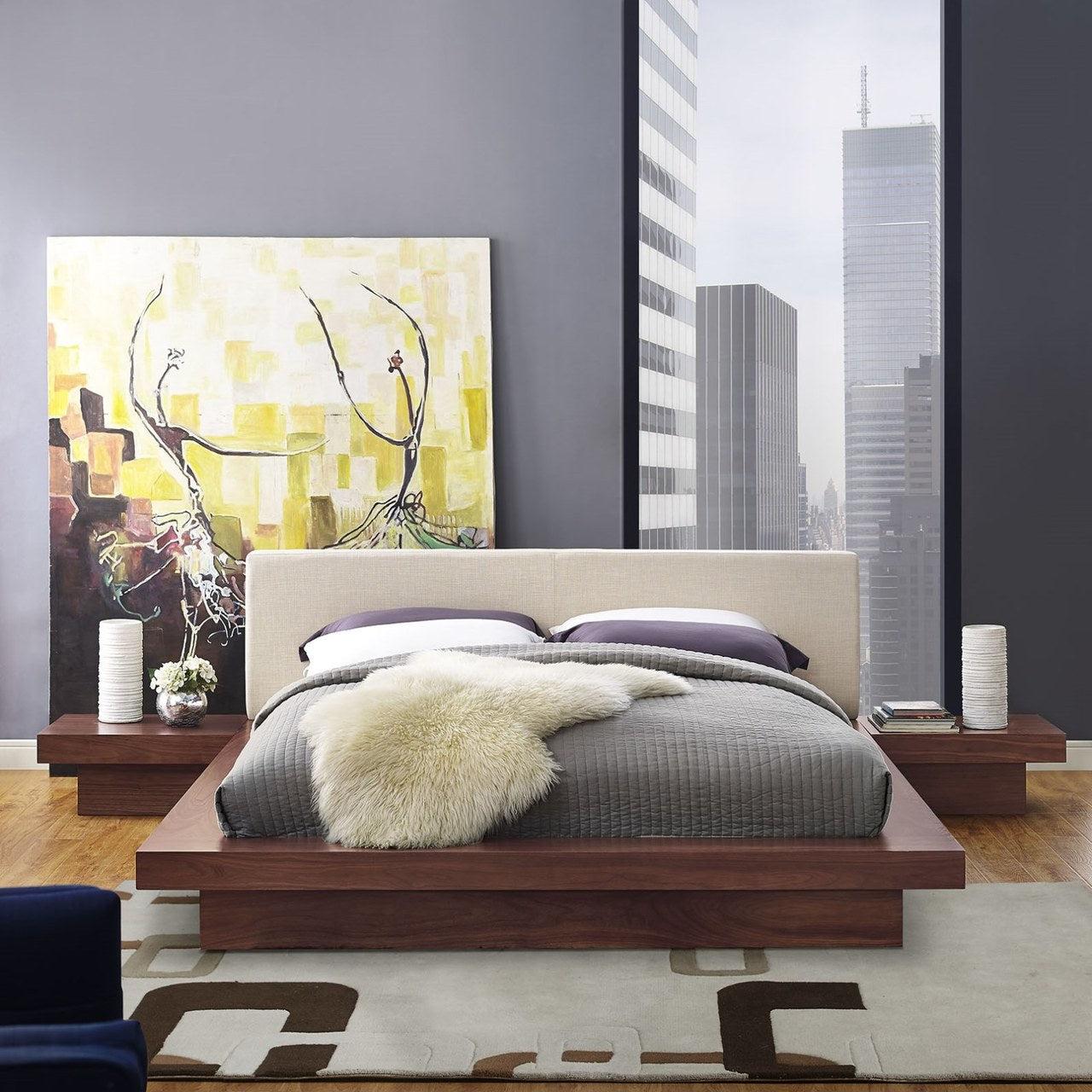 Freja Three PCS Queen Fabric Bedroom Set, Beige, Wood 12428