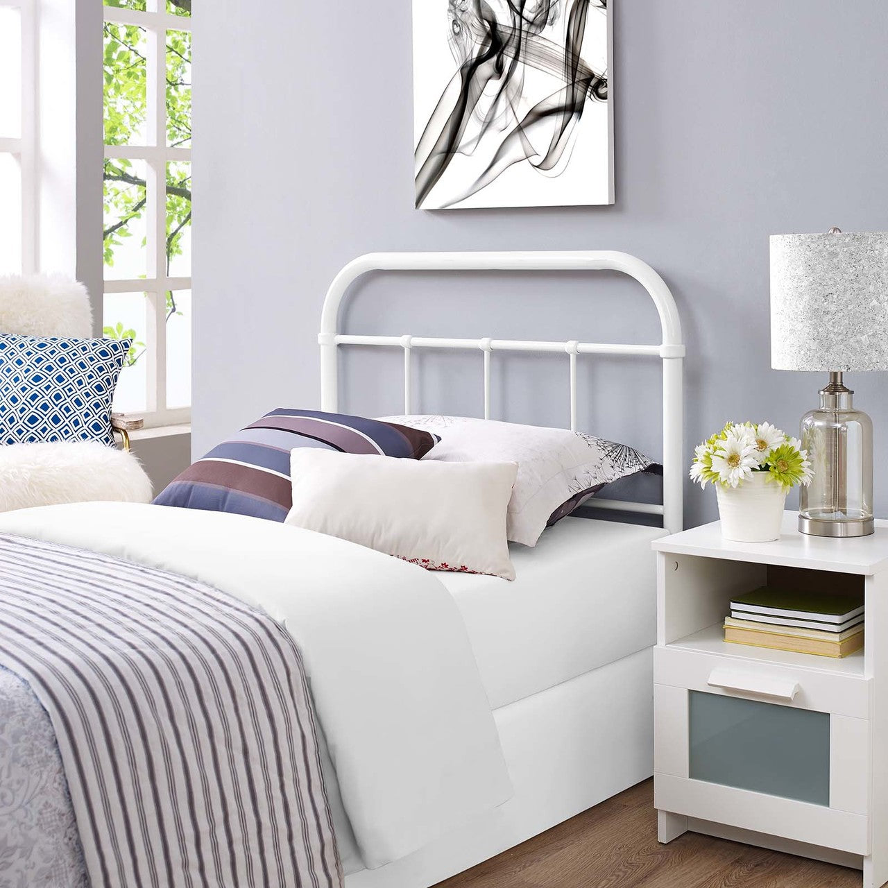Serena Twin Steel Headboard, Twin Size, Metal Steel, White, 14395
