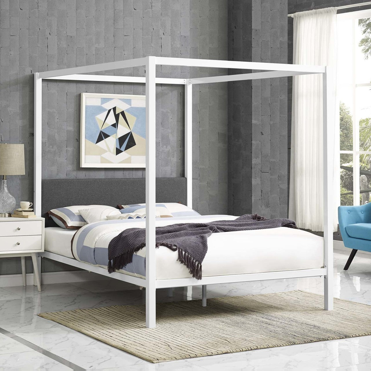 Raina Queen Canopy Bed Frame, Queen Size, Metal Steel, Multi Grey Gray, 14443
