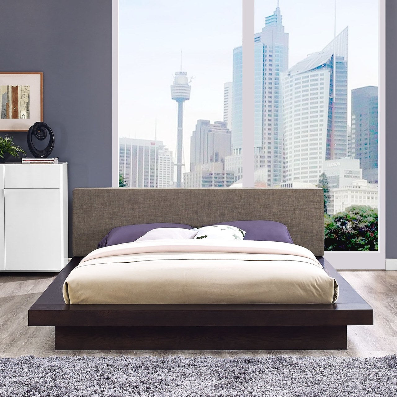 Freja Queen Fabric Platform Bed, Brown, Fabric 12987