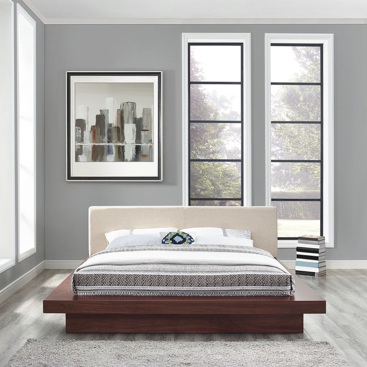 Freja Queen Fabric Platform Bed, Beige, Fabric 12992