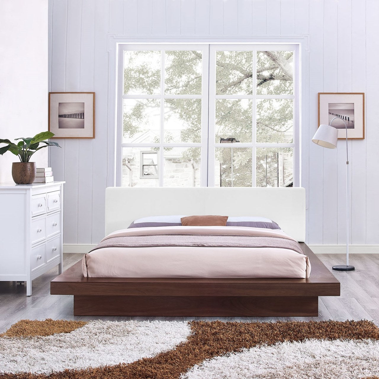 Freja Queen Vinyl Platform Bed, White, Fabric 12999
