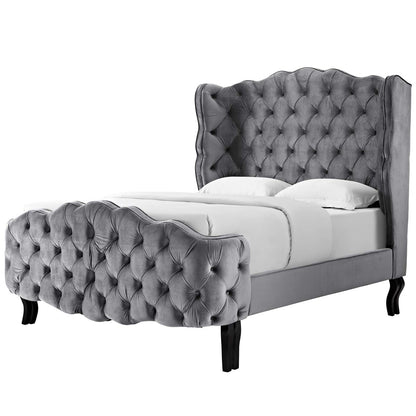 Violette Queen Tufted Wingback Performance Velvet Platform Bed, Queen Size, Velvet Fabric, Grey Gray, 15483
