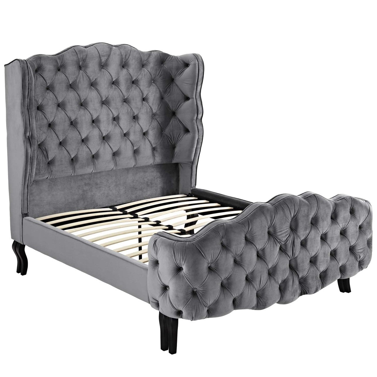 Violette Queen Tufted Wingback Performance Velvet Platform Bed, Queen Size, Velvet Fabric, Grey Gray, 15483