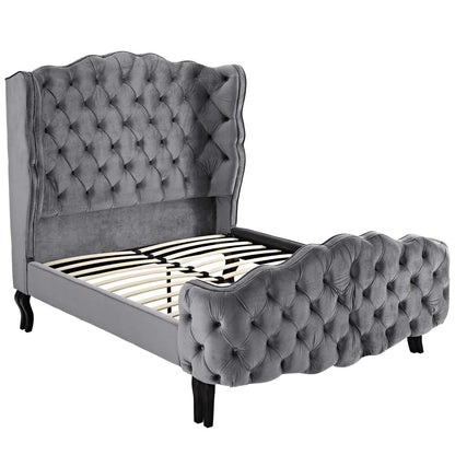 Violette Queen Tufted Wingback Performance Velvet Platform Bed, Queen Size, Velvet Fabric, Grey Gray, 15483