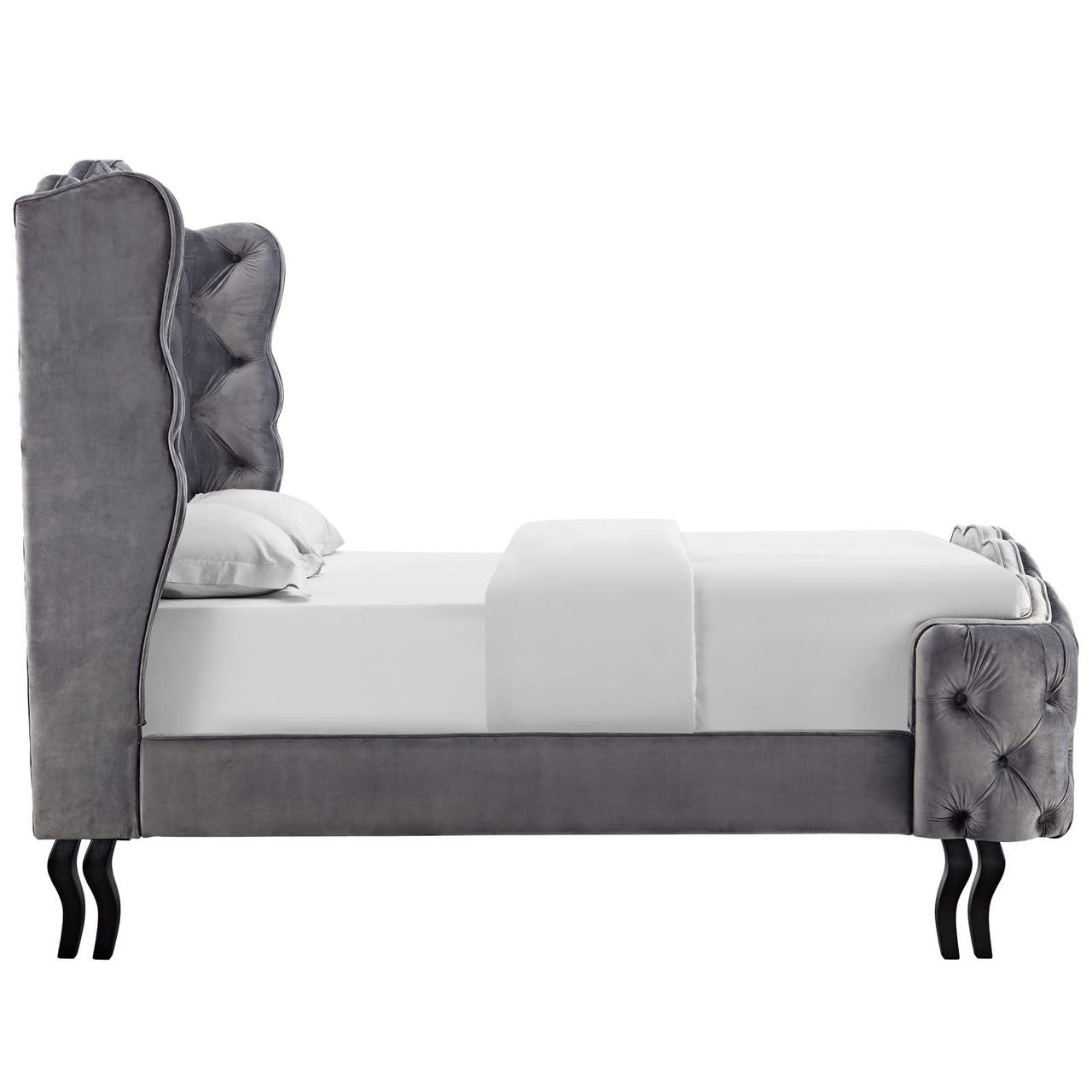 Violette Queen Tufted Wingback Performance Velvet Platform Bed, Queen Size, Velvet Fabric, Grey Gray, 15483