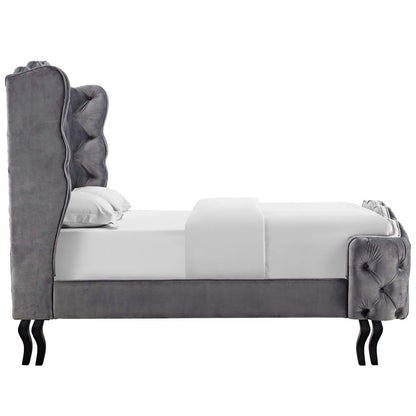 Violette Queen Tufted Wingback Performance Velvet Platform Bed, Queen Size, Velvet Fabric, Grey Gray, 15483