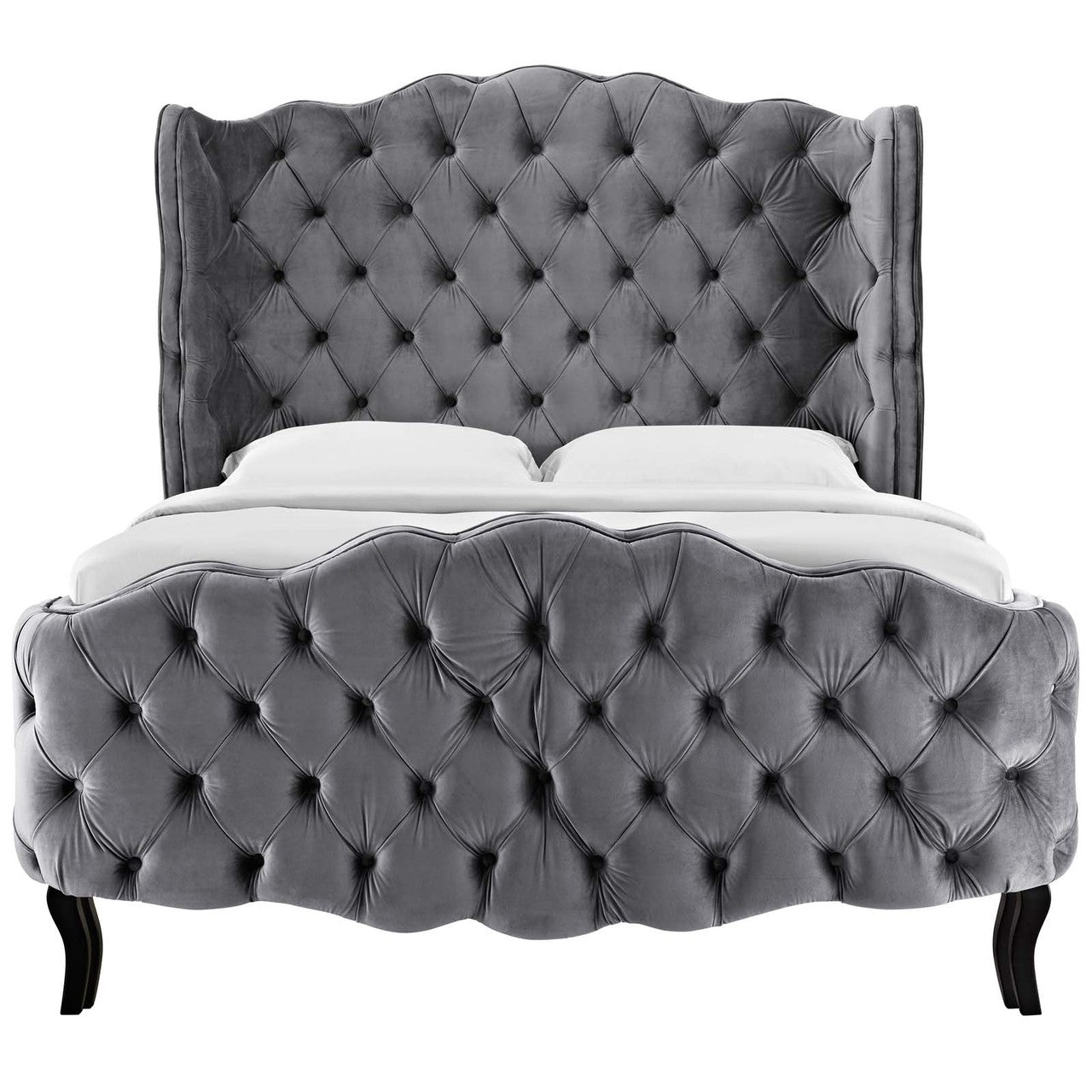Violette Queen Tufted Wingback Performance Velvet Platform Bed, Queen Size, Velvet Fabric, Grey Gray, 15483
