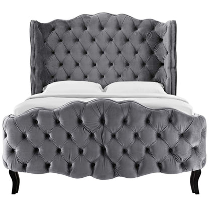 Violette Queen Tufted Wingback Performance Velvet Platform Bed, Queen Size, Velvet Fabric, Grey Gray, 15483