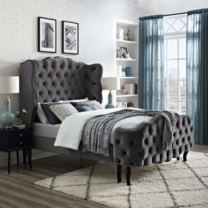 Violette Queen Tufted Wingback Performance Velvet Platform Bed, Queen Size, Velvet Fabric, Grey Gray, 15483