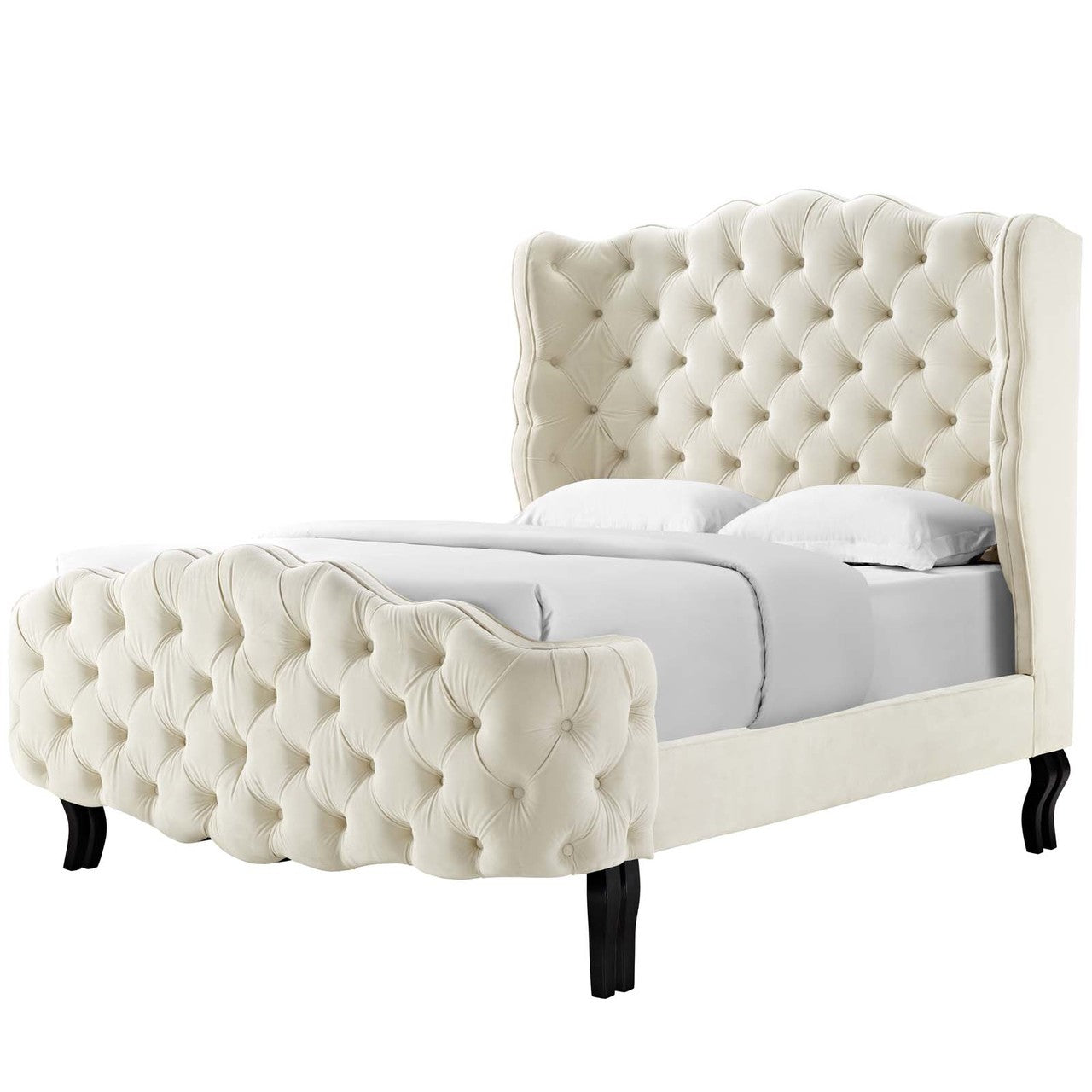 Violette Queen Tufted Wingback Performance Velvet Platform Bed, Queen Size, Velvet Fabric, Ivory White, 15484