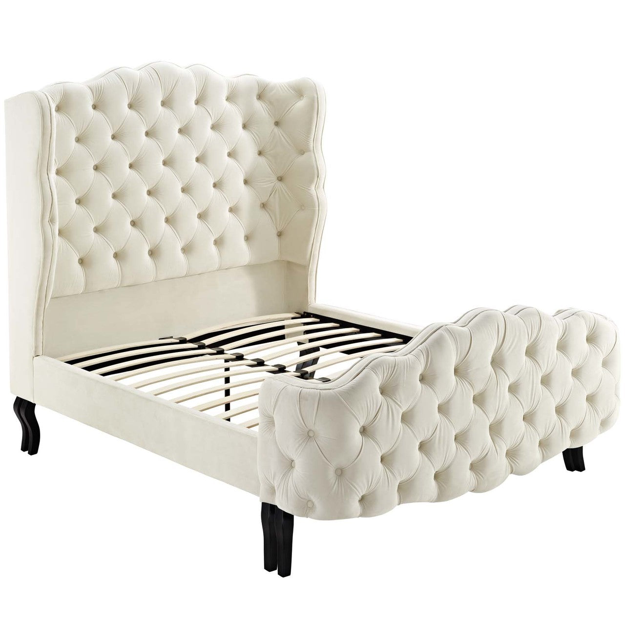 Violette Queen Tufted Wingback Performance Velvet Platform Bed, Queen Size, Velvet Fabric, Ivory White, 15484