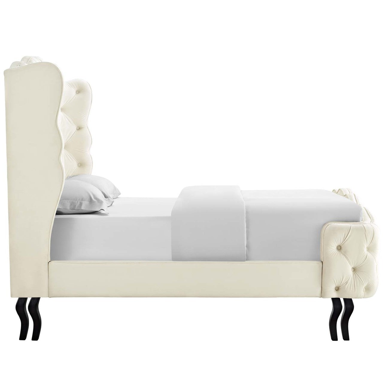 Violette Queen Tufted Wingback Performance Velvet Platform Bed, Queen Size, Velvet Fabric, Ivory White, 15484