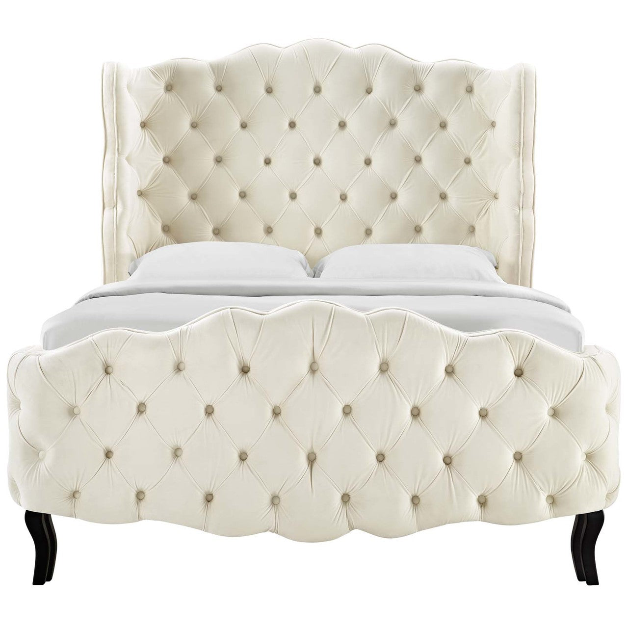 Violette Queen Tufted Wingback Performance Velvet Platform Bed, Queen Size, Velvet Fabric, Ivory White, 15484