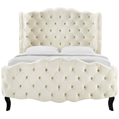 Violette Queen Tufted Wingback Performance Velvet Platform Bed, Queen Size, Velvet Fabric, Ivory White, 15484