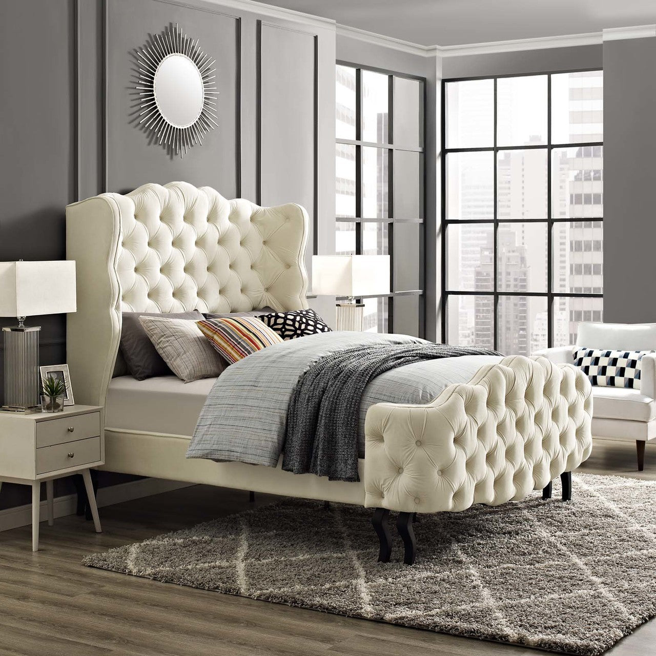 Violette Queen Tufted Wingback Performance Velvet Platform Bed, Queen Size, Velvet Fabric, Ivory White, 15484