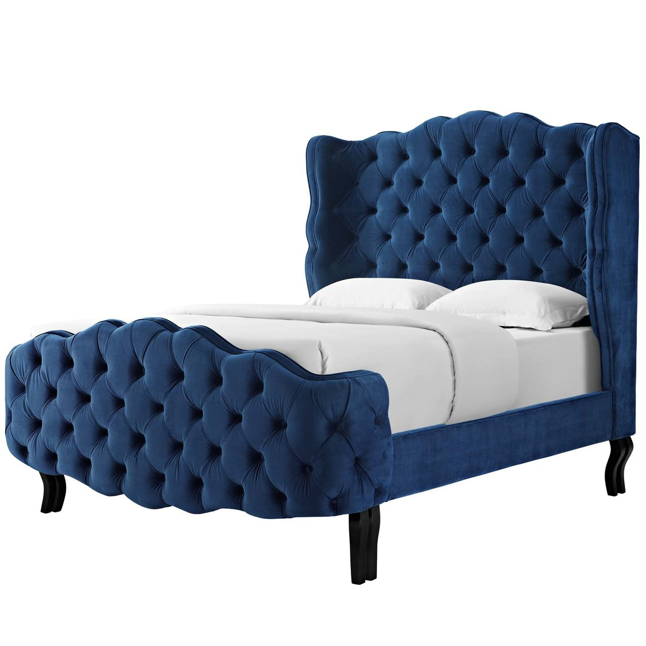 Violette Queen Tufted Wingback Performance Velvet Platform Bed, Queen Size, Velvet Fabric, Navy Blue, 15485