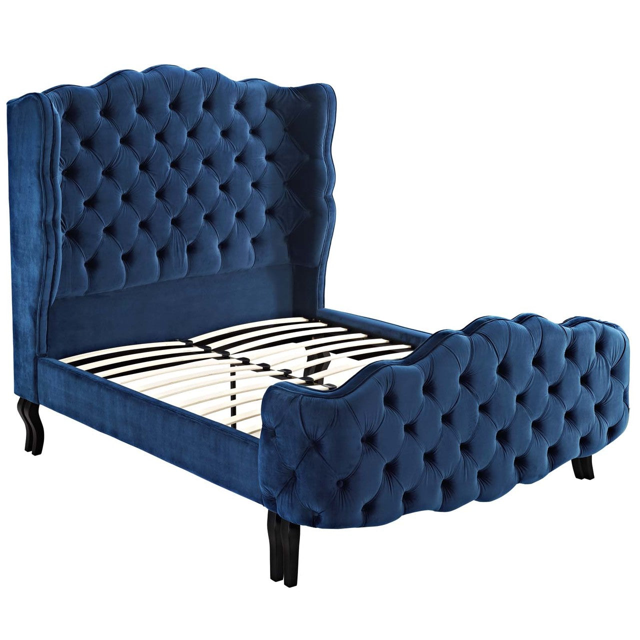 Violette Queen Tufted Wingback Performance Velvet Platform Bed, Queen Size, Velvet Fabric, Navy Blue, 15485