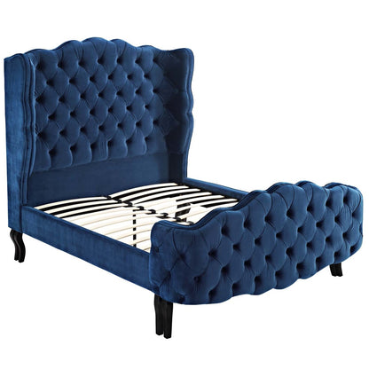 Violette Queen Tufted Wingback Performance Velvet Platform Bed, Queen Size, Velvet Fabric, Navy Blue, 15485