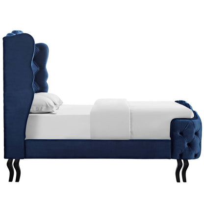 Violette Queen Tufted Wingback Performance Velvet Platform Bed, Queen Size, Velvet Fabric, Navy Blue, 15485