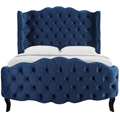 Violette Queen Tufted Wingback Performance Velvet Platform Bed, Queen Size, Velvet Fabric, Navy Blue, 15485