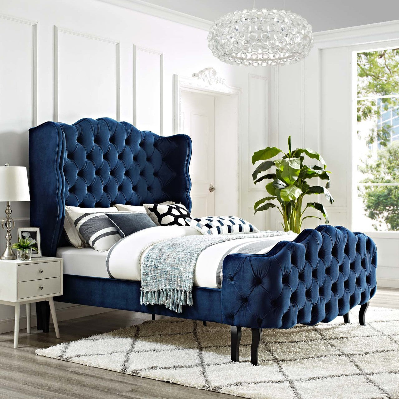 Violette Queen Tufted Wingback Performance Velvet Platform Bed, Queen Size, Velvet Fabric, Navy Blue, 15485