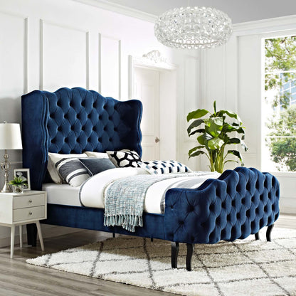 Violette Queen Tufted Wingback Performance Velvet Platform Bed, Queen Size, Velvet Fabric, Navy Blue, 15485