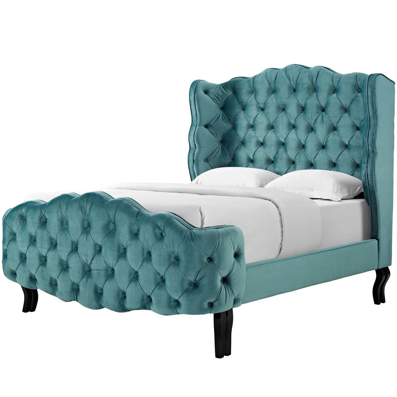 Violette Queen Tufted Wingback Performance Velvet Platform Bed, Queen Size, Velvet Fabric, Blue, 15486