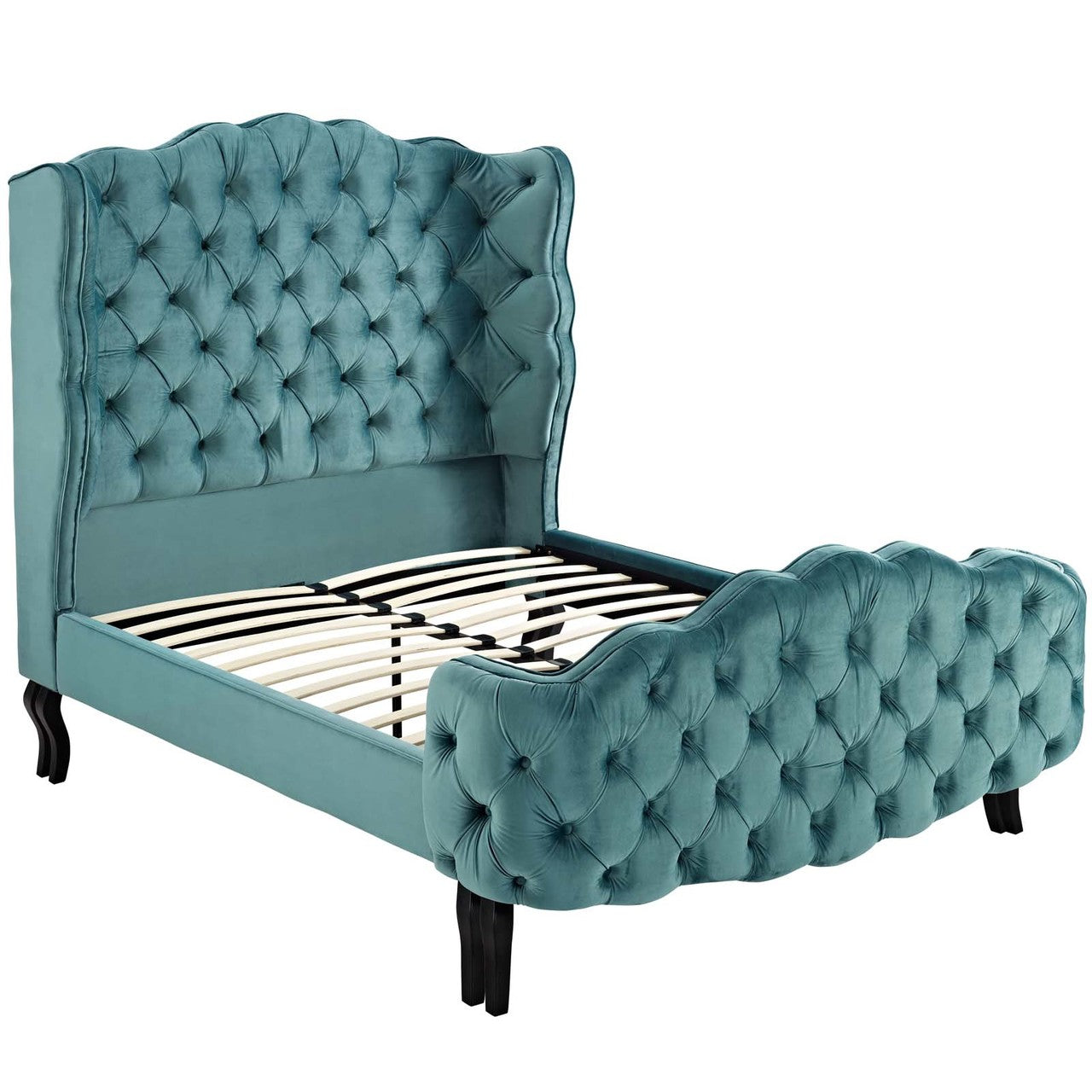 Violette Queen Tufted Wingback Performance Velvet Platform Bed, Queen Size, Velvet Fabric, Blue, 15486