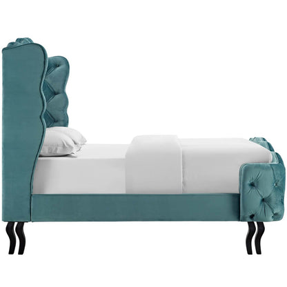 Violette Queen Tufted Wingback Performance Velvet Platform Bed, Queen Size, Velvet Fabric, Blue, 15486