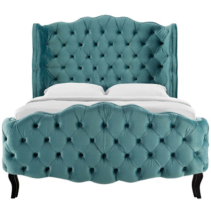 Violette Queen Tufted Wingback Performance Velvet Platform Bed, Queen Size, Velvet Fabric, Blue, 15486