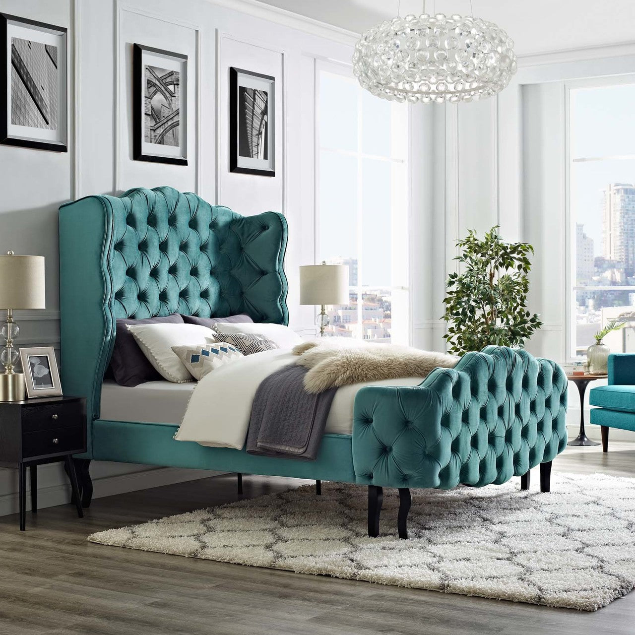 Violette Queen Tufted Wingback Performance Velvet Platform Bed, Queen Size, Velvet Fabric, Blue, 15486