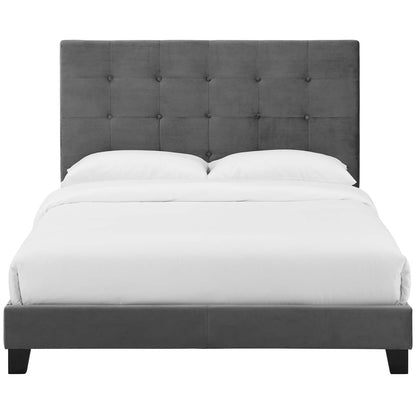 Melanie Twin Tufted Button Upholstered Performance Velvet Platform Bed, Velvet Fabric, Grey Gray, 17616