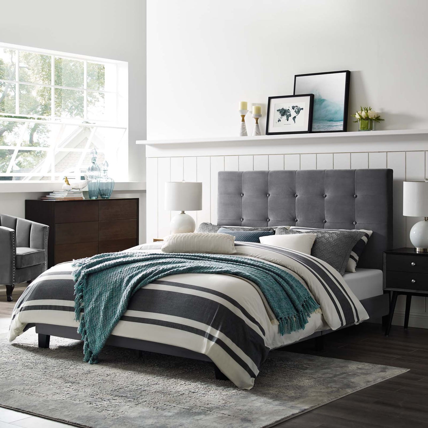 Melanie Twin Tufted Button Upholstered Performance Velvet Platform Bed, Velvet Fabric, Grey Gray, 17616