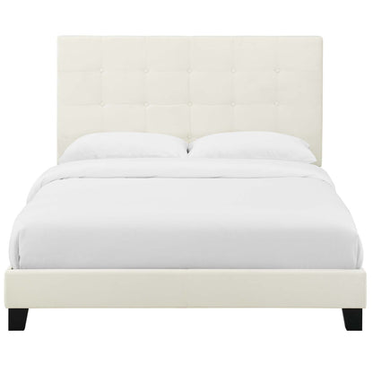 Melanie Twin Tufted Button Upholstered Performance Velvet Platform Bed, Velvet Fabric, Ivory White, 17617