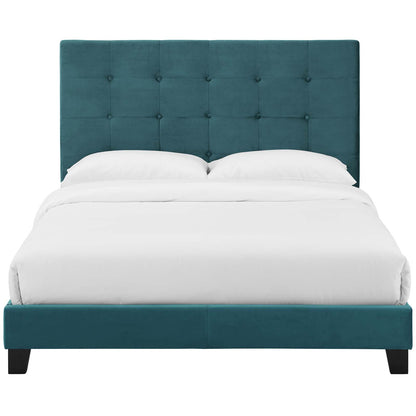 Melanie Twin Tufted Button Upholstered Performance Velvet Platform Bed, Velvet Fabric, Blue, 17619