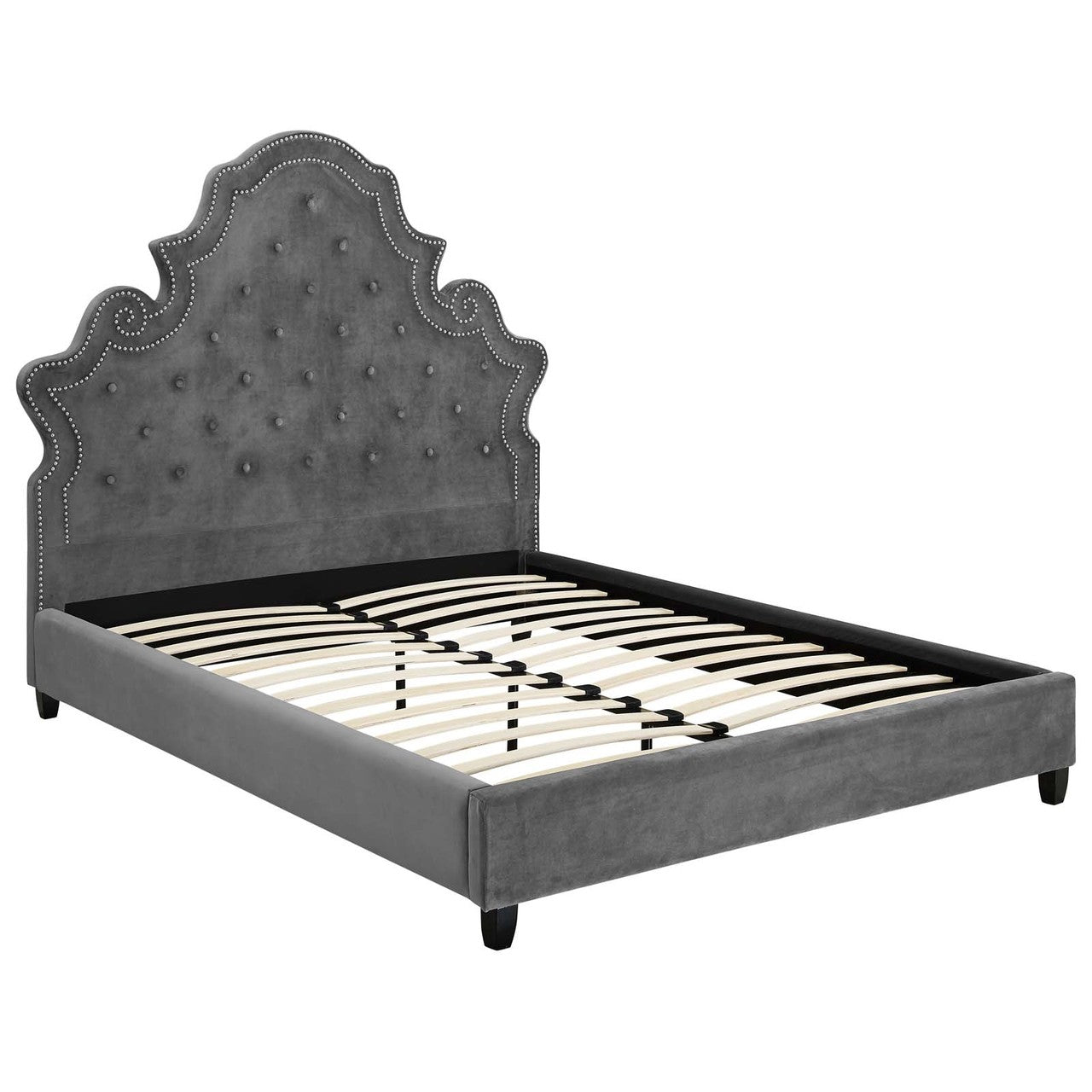 Valentina Queen Tufted Nailhead Performance Velvet Platform Bed, Queen Size, Velvet Fabric, Grey Gray, 15888