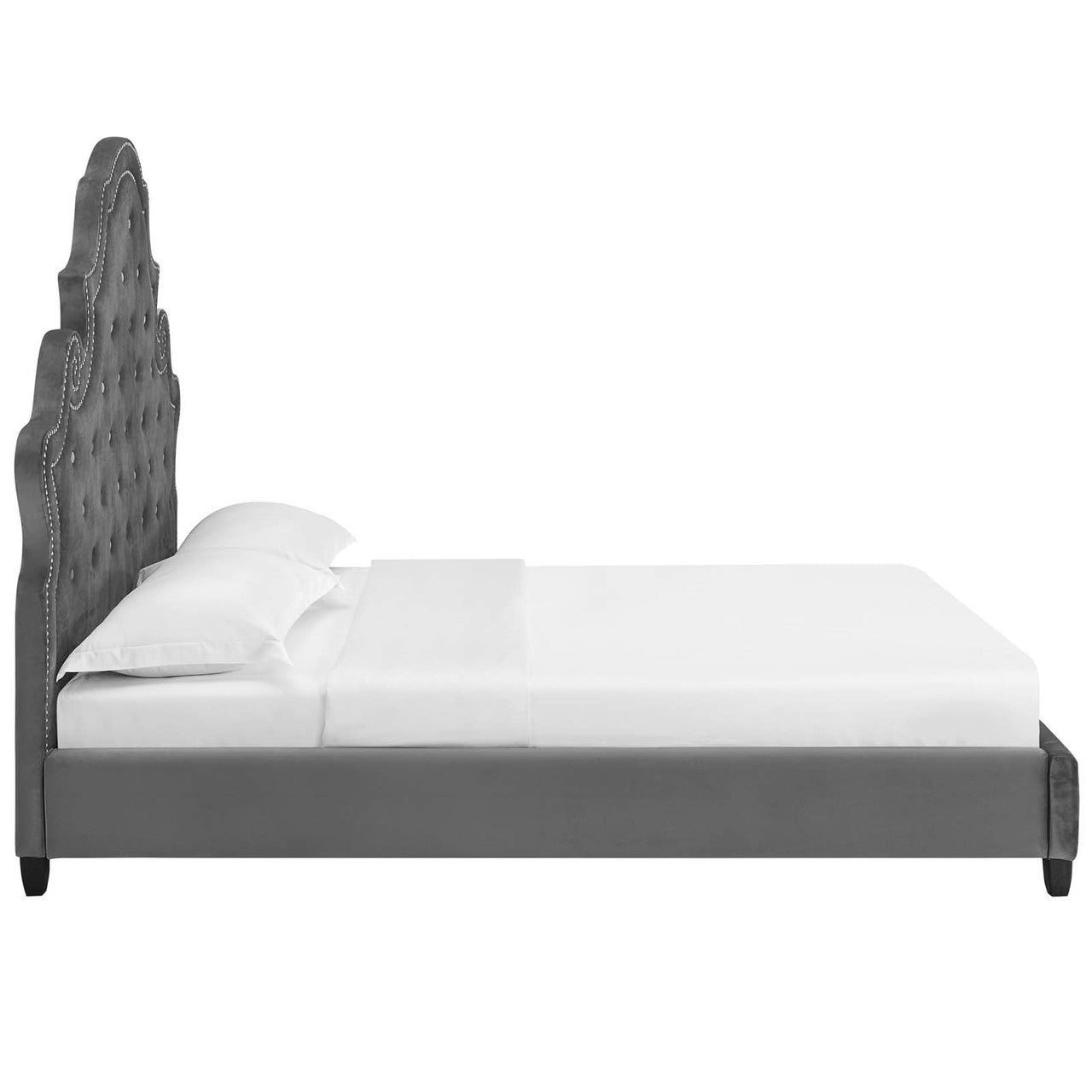 Valentina Queen Tufted Nailhead Performance Velvet Platform Bed, Queen Size, Velvet Fabric, Grey Gray, 15888